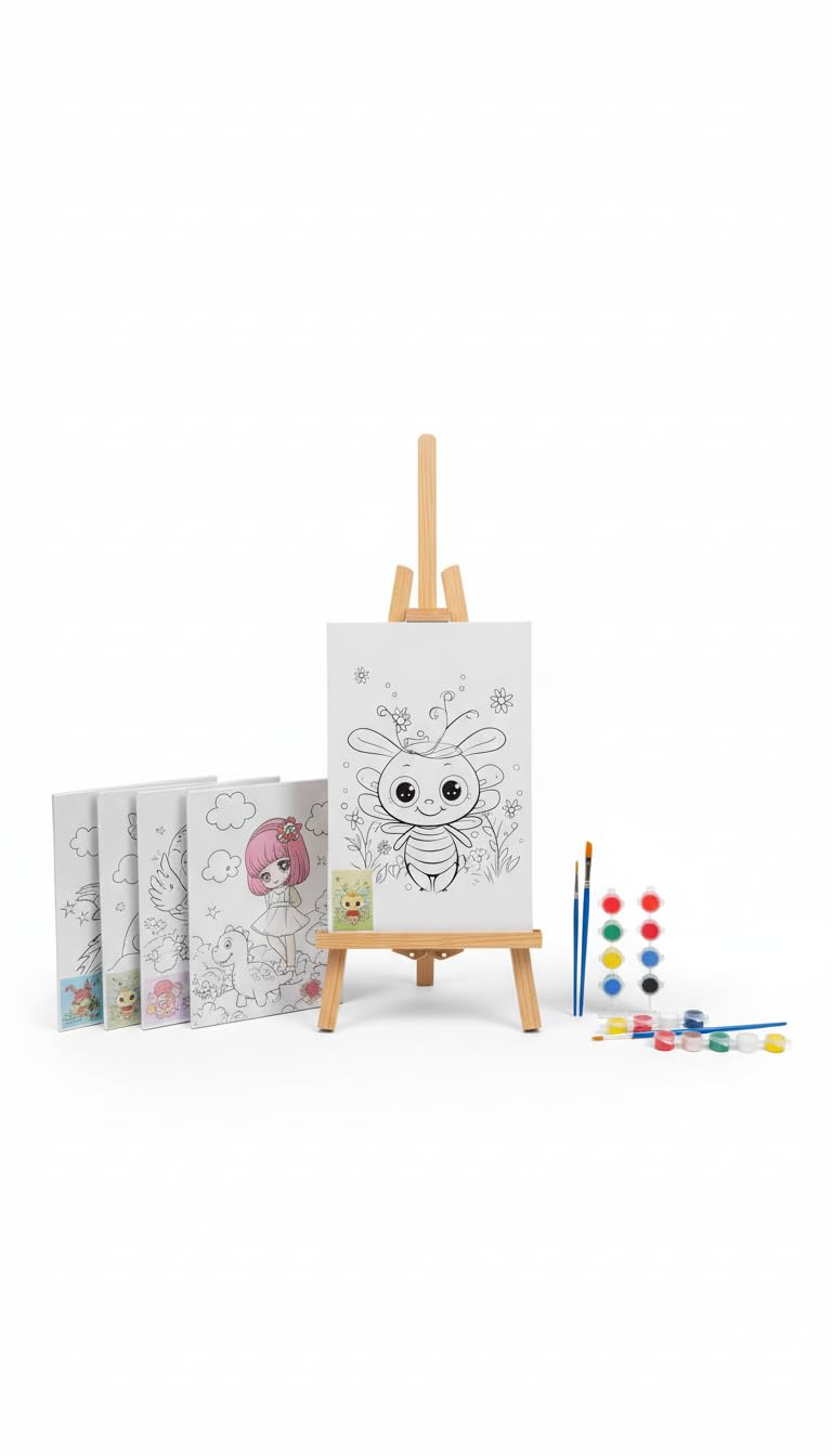 Set de Pintura  con 4 Lienzos Dibujados, Caballete de Madera, 4 Juegos de Pinturas y Pinceles - Kit Completo de Manualidades Infantiles y Actividades Creativas - Regalo Ideal