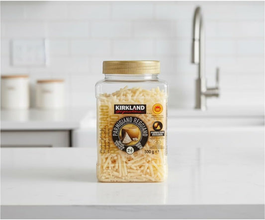 Parmigiano Reggiano Rallado - D.O.P. - Queso Italiano Madurado 24 Meses - Auténtico Sabor de Italia - Kirkland -Bolsa Resellable de 500g - NEXU