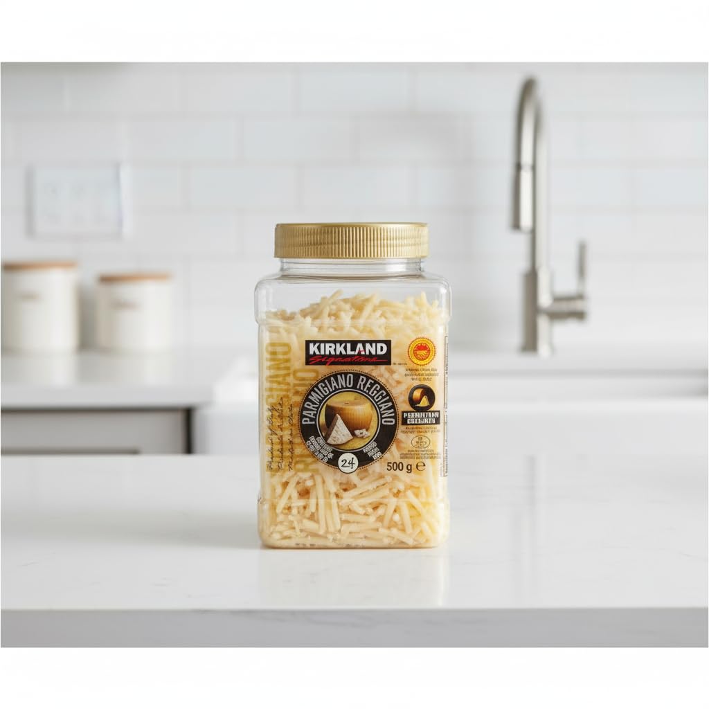 Parmigiano Reggiano Rallado - D.O.P. - Queso Italiano Madurado 24 Meses - Auténtico Sabor de Italia - Kirkland -Bolsa Resellable de 500g - NEXU