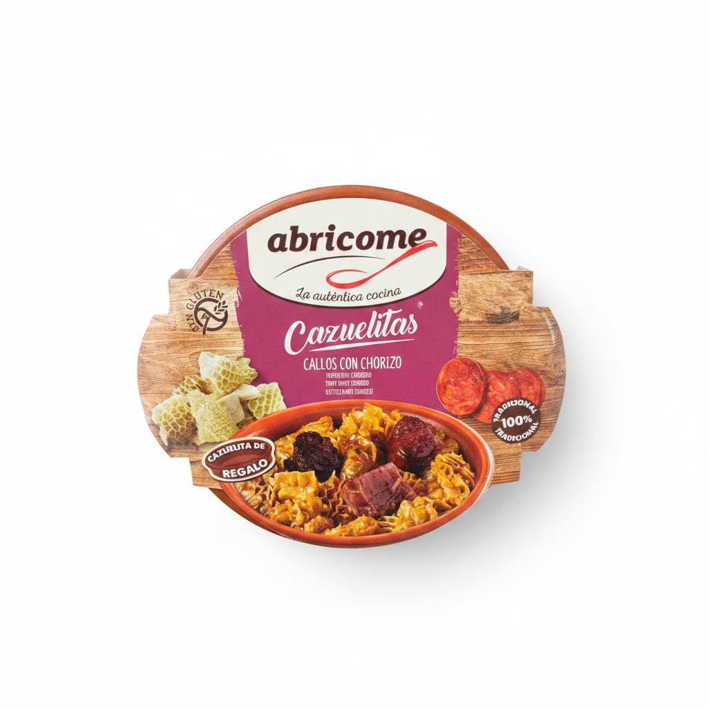 abricome Cazuelitas de Callos con Chorizo y Jamón Serrano - Receta Tradicional Española Sin Gluten - Plato Preparado Listo en 3 Minutos - Envase con Cazuela Incluida - 415g