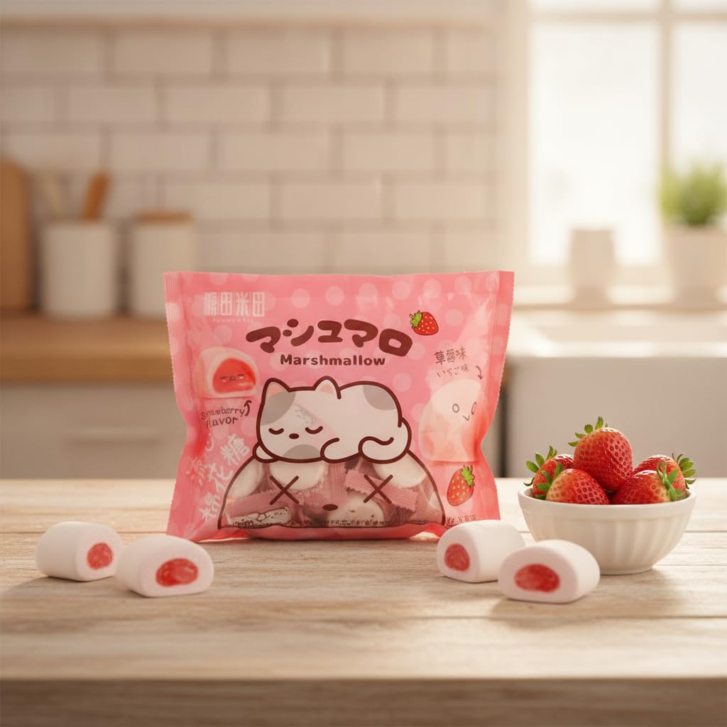 Marshmallows Rellenos de Fresa - Envueltos Individualmente - Bolsa de 90g - Sin Grasas - Dulces Inspirados en Repostería Asiática para Regalo o Postres - NEXU