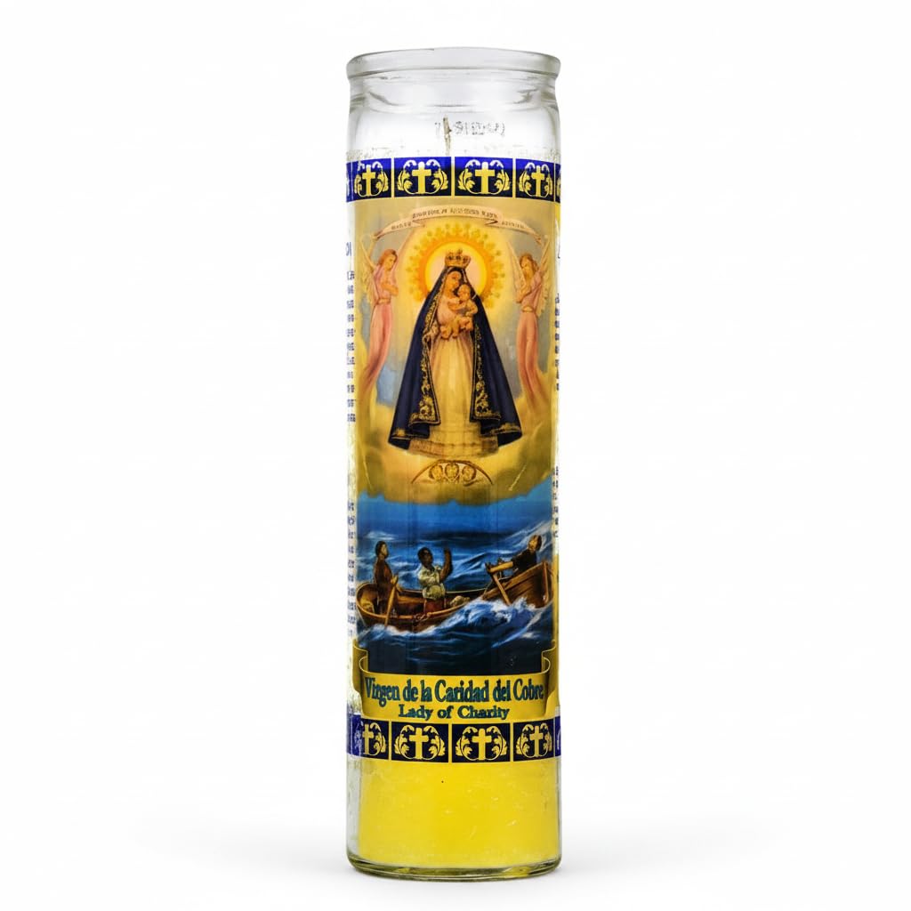 Vela de la Virgen de la Caridad del Cobre de 7 Días - Velón Amarillo para Oración y Devoción en Vaso de Cristal - Goya - 21 cm - 1 Unidad - NEXU