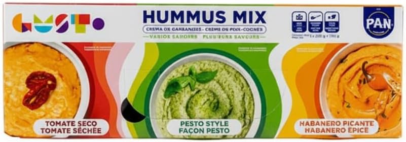 Pack de 3 Hummus Variados - Tomate Seco, Estilo Pesto y Habanero Picante - 3 x 250g (750g) - Aperitivo Saludable de Garbanzos y Sésamo para Dipear - GUSTO by P.A.N. - NEXU