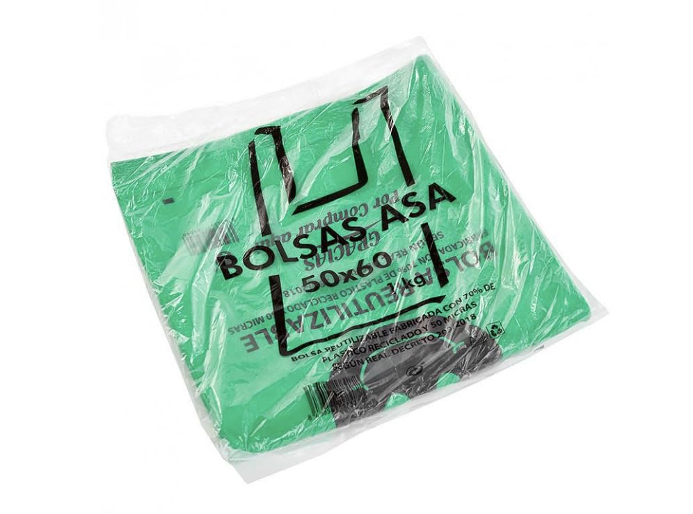 Bolsas plástico. Bolsas asas plástico. Bolsa Camiseta 70% reciclado 50 micras VERDES. Bolsa con asas. Paquete de 1 Kilo. (35x50 cm)