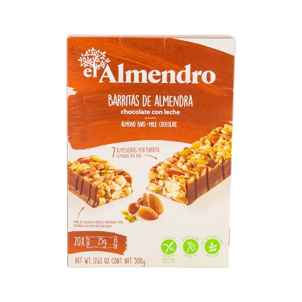Pack de 20 Barritas de Almendra con Chocolate con Leche, 500g | Snack de Frutos Secos Sin Gluten y Sin Aceite de Palma | Alto Contenido en Fibra | 7 Almendras por Barrita - NEXU