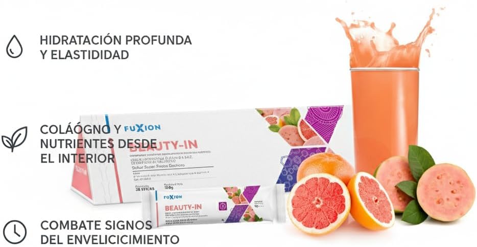FUXION - BEAUTY-IN Refresco de Guayaba con Colágeno Hidrolizado y Biotina para Piel Radiante y Firme | Suplemento Antienvejecimiento con CoQ10 y Vitaminas C y E | Nutrición Celular | 28 sobres
