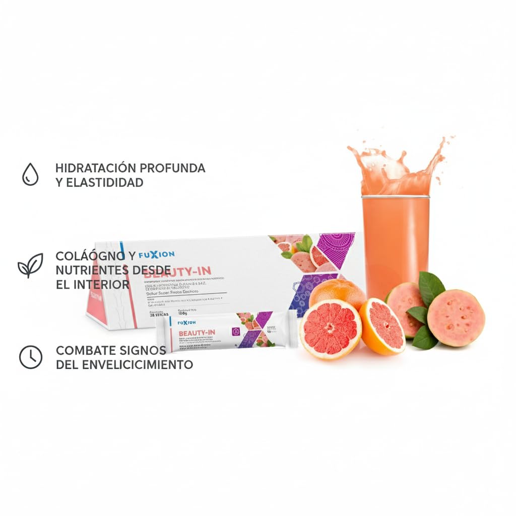 FUXION - BEAUTY-IN Refresco de Guayaba con Colágeno Hidrolizado y Biotina para Piel Radiante y Firme | Suplemento Antienvejecimiento con CoQ10 y Vitaminas C y E | Nutrición Celular | 28 sobres