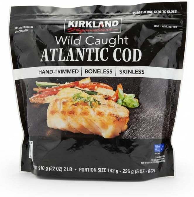 Bacalao del Atlántico de Captura Salvaje (Gadus morhua), 910g - Lomos sin Piel ni Espinas - Certificado MCS -Kirkland - Rico en Proteína y Bajo en Calorías - NEXU