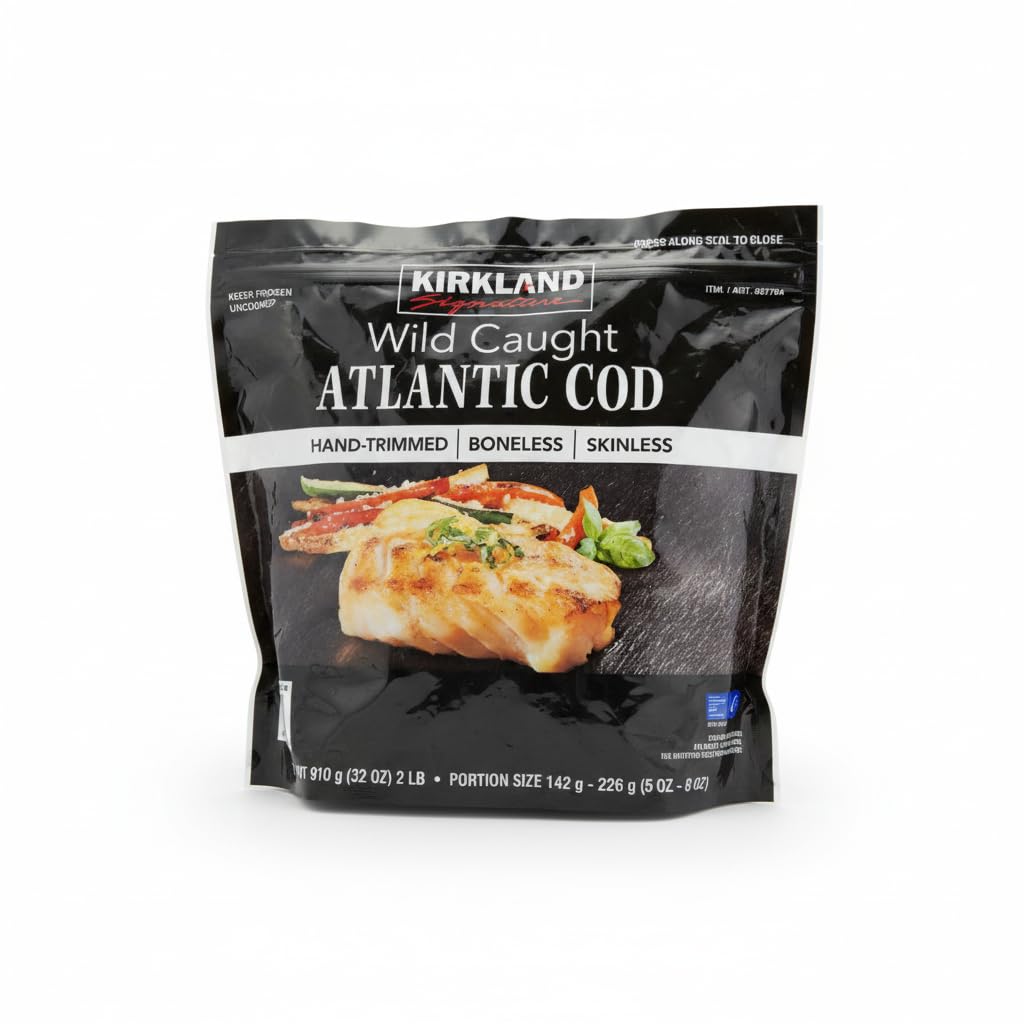 Bacalao del Atlántico de Captura Salvaje (Gadus morhua), 910g - Lomos sin Piel ni Espinas - Certificado MCS -Kirkland - Rico en Proteína y Bajo en Calorías - NEXU