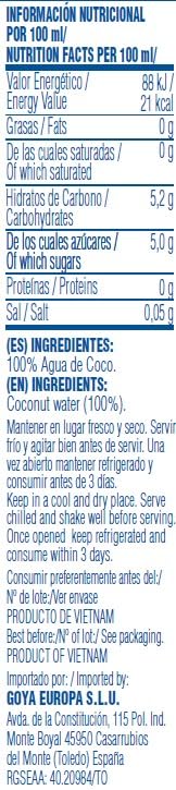 Goya Agua de Coco 12x330 ml, 100% Agua de Coco Natural Sin Azúcar, Hidratante y Reconstituyente con Electrolitos y Minerales