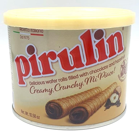PIRULIN Barquillos Rellenos de Chocolate y Avellana. Lata de 300g