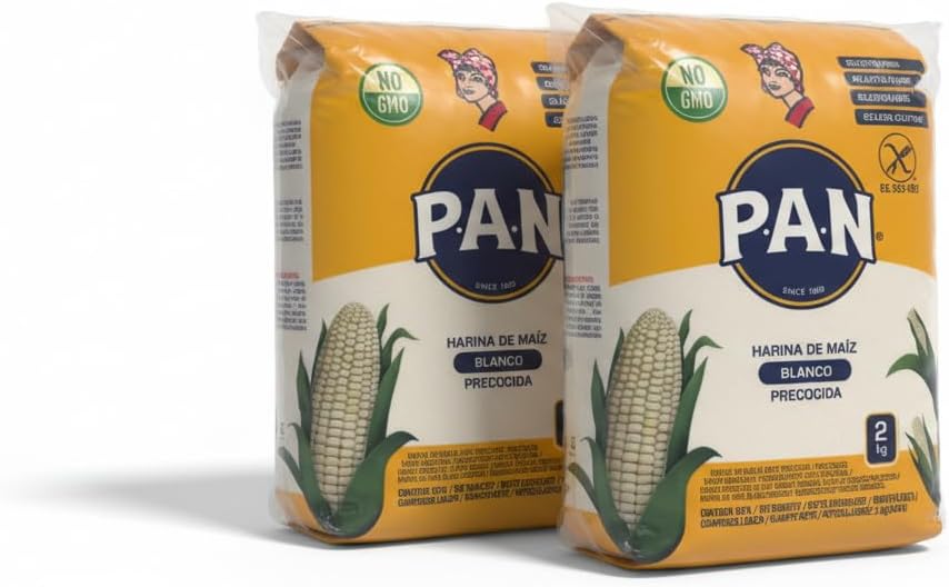 Harina de Maíz Blanco Precocida P,A,N, 100% Puro Maíz Natural, Sin Gluten, Pack de 2 Paquetes de 2kg (Total 4kg) - Ideal para Arepas, Tortillas, Empanadas y Recetas Tradicionales