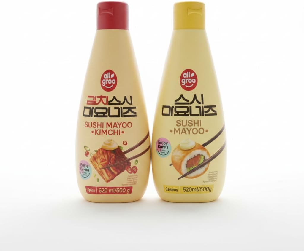 Pack de 2 Mayonesas para Sushi: Original Cremosa y Kimchi Picante - 2 x 520 ml - Allgroo - | Salsa Coreana para Sushi, Poke Bowls y Kimbap con Dispensador de Precisión - NEXU