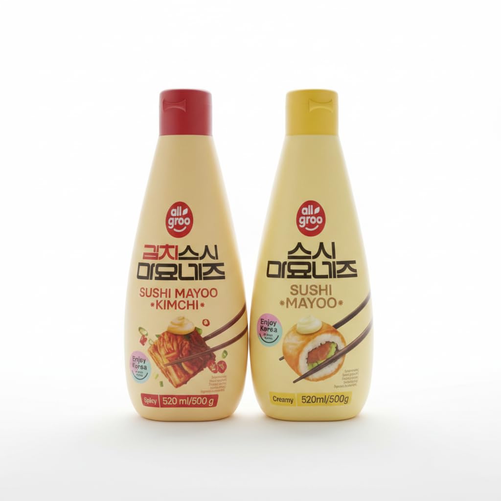 Pack de 2 Mayonesas para Sushi: Original Cremosa y Kimchi Picante - 2 x 520 ml - Allgroo - | Salsa Coreana para Sushi, Poke Bowls y Kimbap con Dispensador de Precisión - NEXU