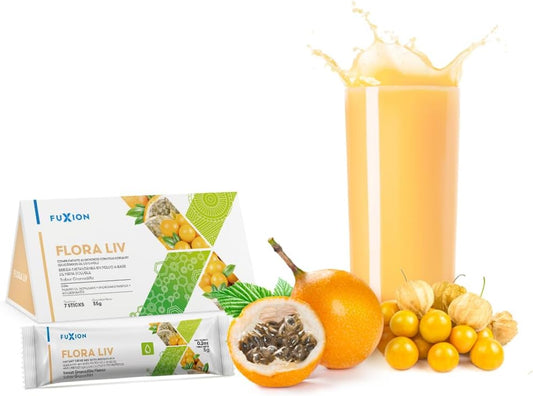 FUXION - Flora LIV – Té Frutal en Polvo | Fibra Prebiótica | Sabor Granadilla Dulce + Aguaymanto | Equilibrio de la Flora Intestinal y Defensas Naturales | MEJOR SALUD DIGESTIVA| 1 Caja con 7 sobres