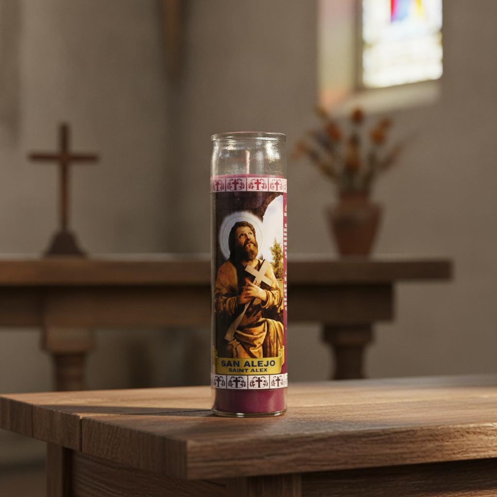 Velón San Alejo Color Lila para Rituales de Protección y Alejamiento - Vela en Vaso de Cristal de Larga Duración (110 Horas) - GOYA - Ideal para Espiritualidad y Tradición Religiosa - NEXU
