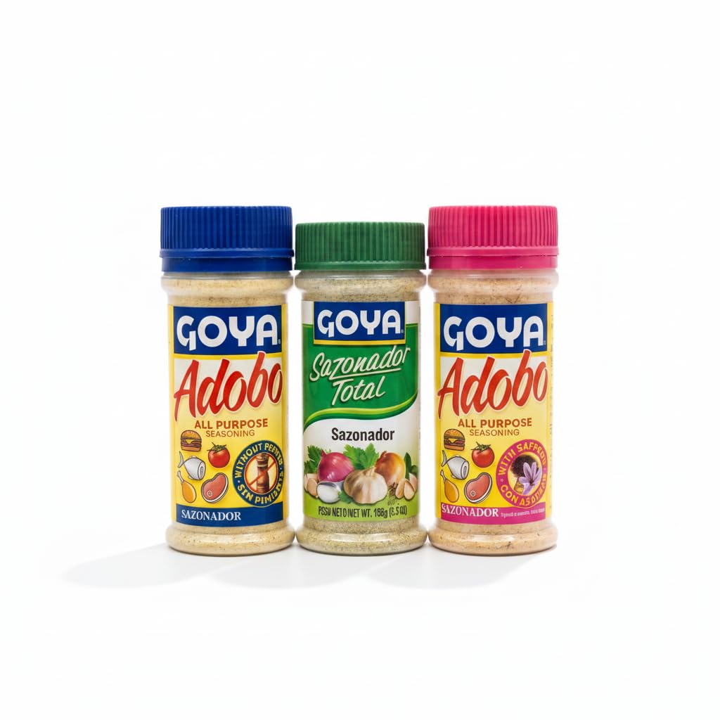 Pack de 3 Sazonadores: Adobo Sin Pimienta 226g - Sazonador Total 156g y Adobo con Azafrán 226g - Condimentos para Carnes, Aves y Guisos - Goya - Sabor Tradicional Latino - NEXU