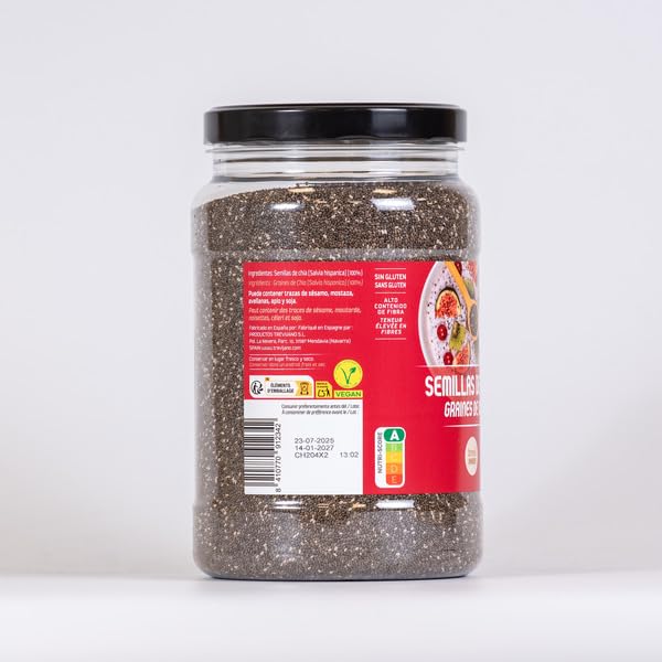 Semillas de Chía 1400g - Superalimento Natural Rico en Omega-3, Fibra y Proteína Vegetal - Sin Gluten y Vegano - Trevissan - Formato Ahorro en Bote Hermético - NEXU