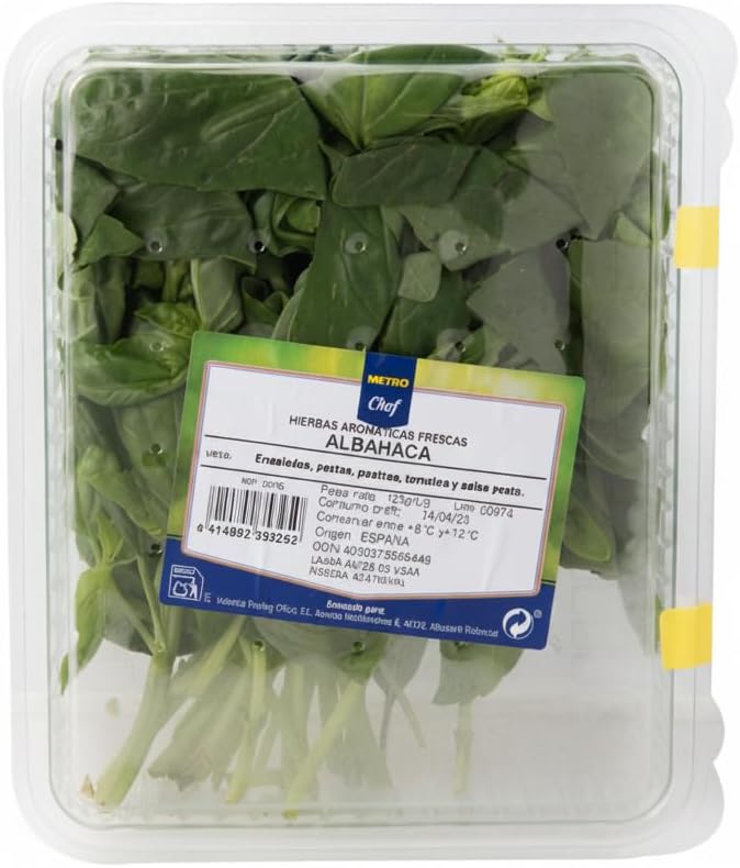 Albahaca Fresca 125g - Hierba Aromática Natural de Origen España para Pesto, Pastas y Ensaladas - Ideal para Cocina Profesional y Doméstica - Metro - NEXU