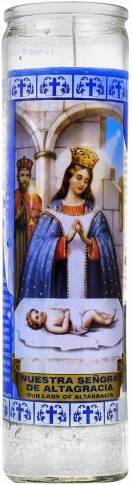 Velón Nuestra Señora de Altagracia - Blanco - Vela Religiosa de Devoción y Oración de 7 Días - 110 Horas de Combustión - Goya - Vaso de Cristal con Imagen Detallada - 1 Unidad - NEXU