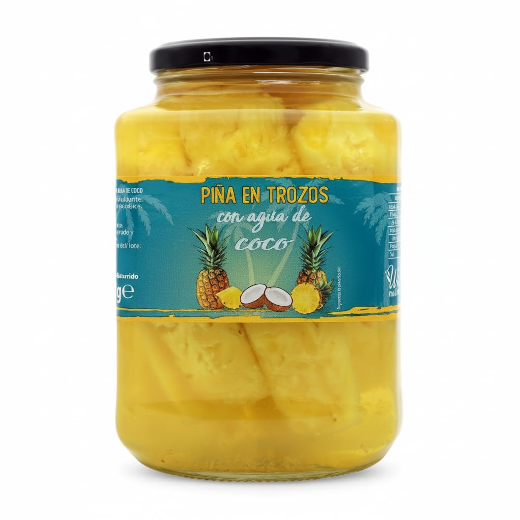 Piña en Trozos con Agua de Coco 1190g - Snack Saludable 100% Natural sin Azúcares Añadidos - Fruta en Tarro de Cristal - We Natural - Ideal para Deportistas y Ensaladas - 69 kcal por 100g - NEXU
