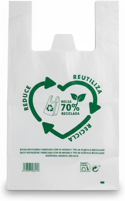 Bolsas Tipo Camiseta | Plástico 70% Reciclado · Tamaño 60X70 cm | 25 Uds | Aptas Uso Alimentario, Resistentes, Reutilizables | Cumple todas las normativas