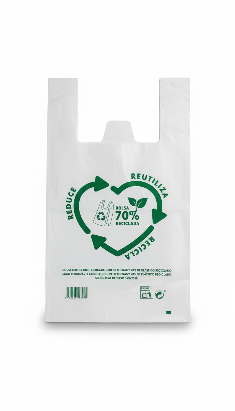 Bolsas Tipo Camiseta | Plástico 70% Reciclado · Tamaño 40x50 cm | 100 Uds | Aptas Uso Alimentario, Resistentes, Reutilizables | Cumple todas las normativas