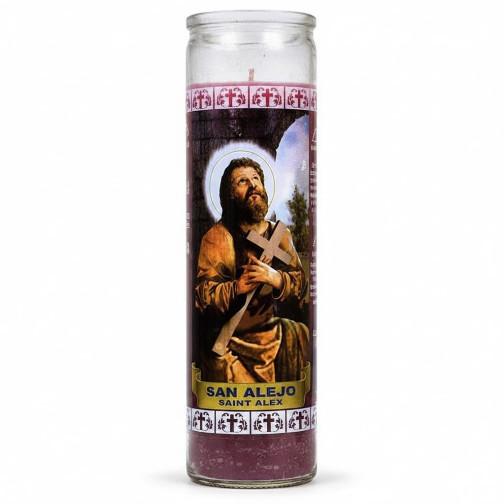 Velón San Alejo Color Lila para Rituales de Protección y Alejamiento - Vela en Vaso de Cristal de Larga Duración (110 Horas) - GOYA - Ideal para Espiritualidad y Tradición Religiosa - NEXU