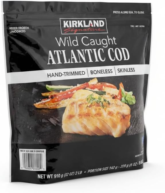 Bacalao del Atlántico de Captura Salvaje (Gadus morhua), 910g - Lomos sin Piel ni Espinas - Certificado MCS -Kirkland - Rico en Proteína y Bajo en Calorías - NEXU