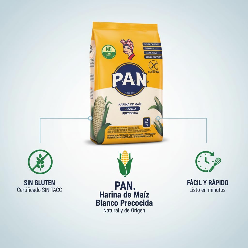 Harina de Maíz Blanco Precocida P,A,N, 100% Puro Maíz Natural, Sin Gluten, Pack de 2 Paquetes de 2kg (Total 4kg) - Ideal para Arepas, Tortillas, Empanadas y Recetas Tradicionales