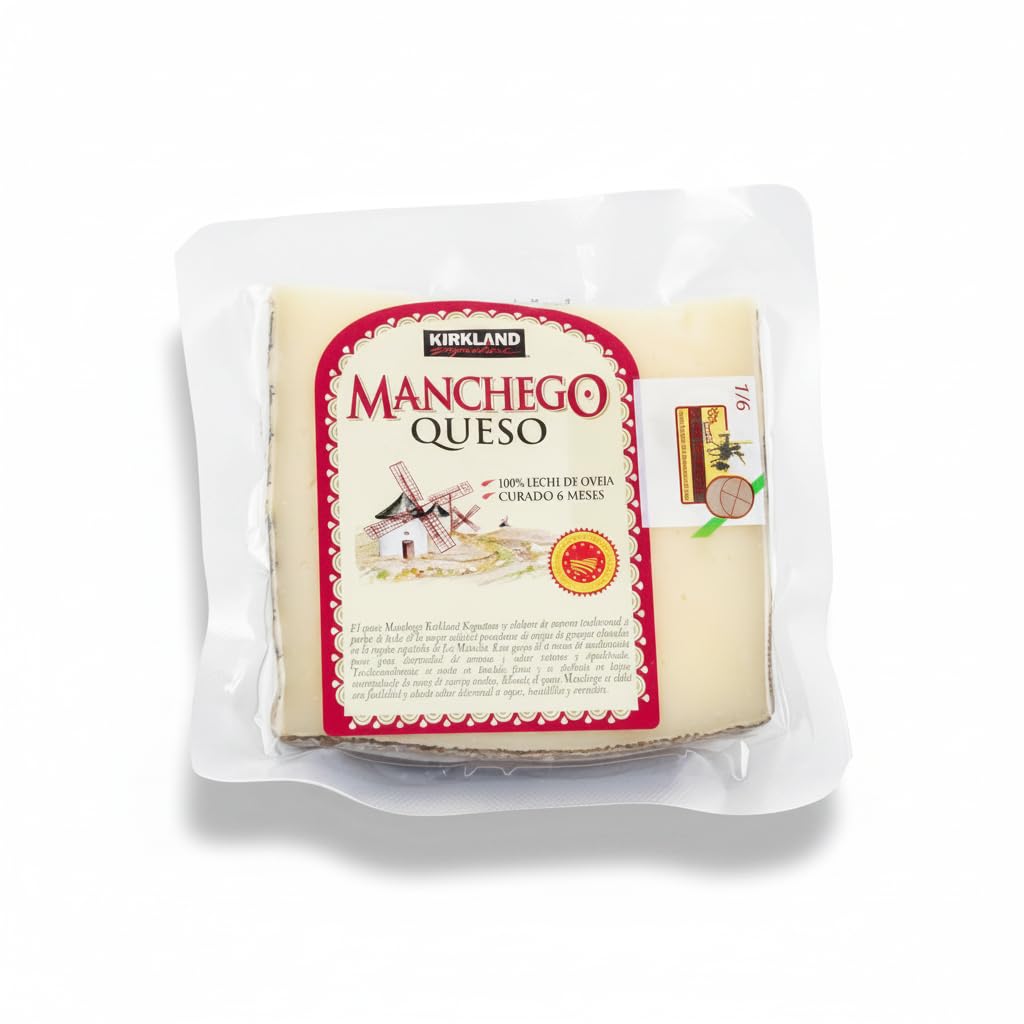 Queso Manchego Curado - 6 Meses con Denominación de Origen Protegida (D.O.P.) - 100% Leche de Oveja Manchega - Kirkland - Pieza de 500g Envasada al Vacío - NEXU