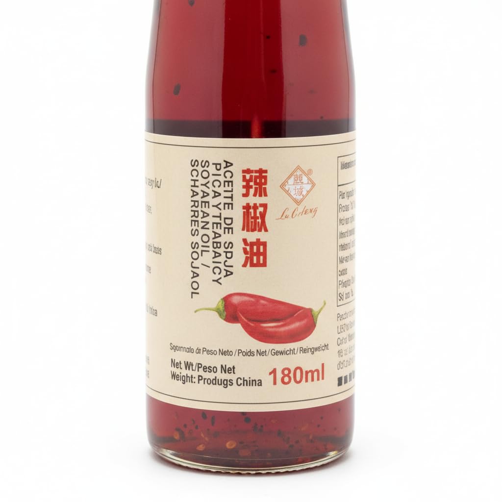 Aceite de Soja Picante con Infusión de Chile 180ml - Aceite Vegetal para Cocina Asiática, Salteados, Sopas y Salsas - Sabor Intenso y Tradicional - NEXU