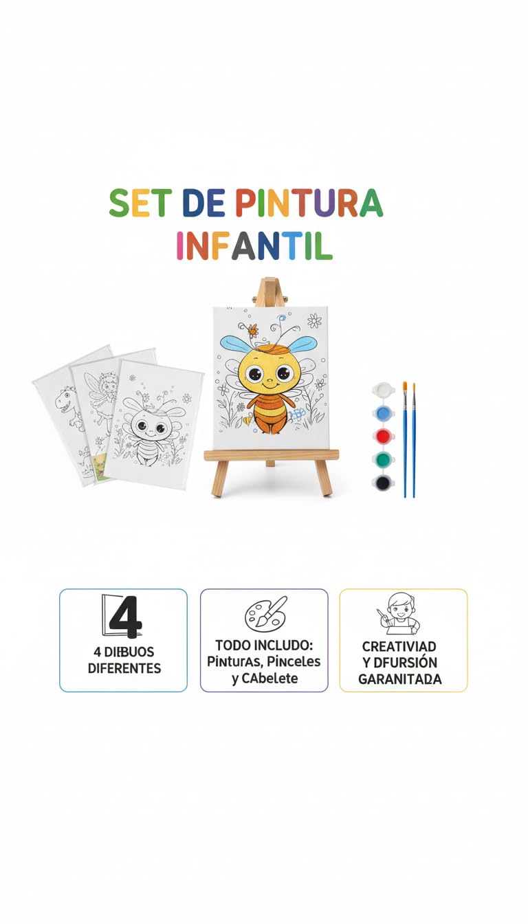 Set de Pintura  con 4 Lienzos Dibujados, Caballete de Madera, 4 Juegos de Pinturas y Pinceles - Kit Completo de Manualidades Infantiles y Actividades Creativas - Regalo Ideal
