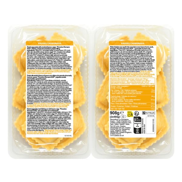 Ravioli Carbonara - Pasta Fresca al Huevo Italiana con Panceta, Guanciale y Queso Pecorino Romano DOP - Pack Ahorro 908g (2 x 454g) - Cocción Rápida 3 Minutos - NEXU