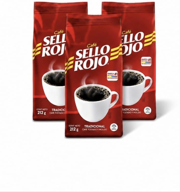 Café 100% Colombiano Tostado y Molido - Pack de 3 Unidades (212g c/u) - Café Sello Rojo Tradicional - Sabor Intenso y Aroma Inconfundible - Total 636g - NEXU