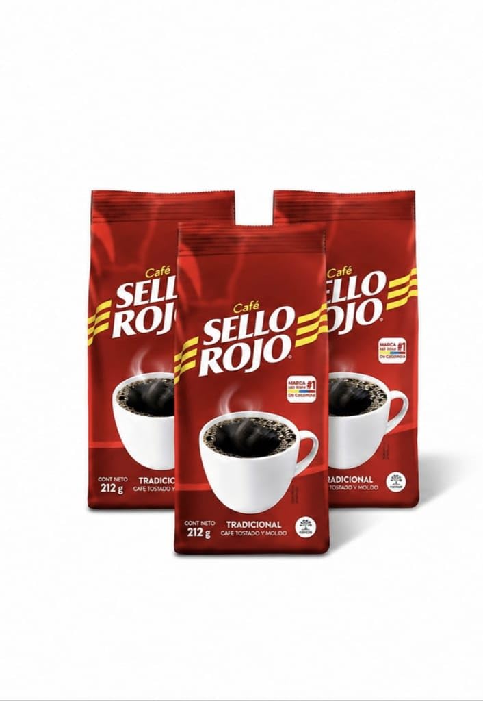 Café 100% Colombiano Tostado y Molido - Pack de 3 Unidades (212g c/u) - Café Sello Rojo Tradicional - Sabor Intenso y Aroma Inconfundible - Total 636g - NEXU