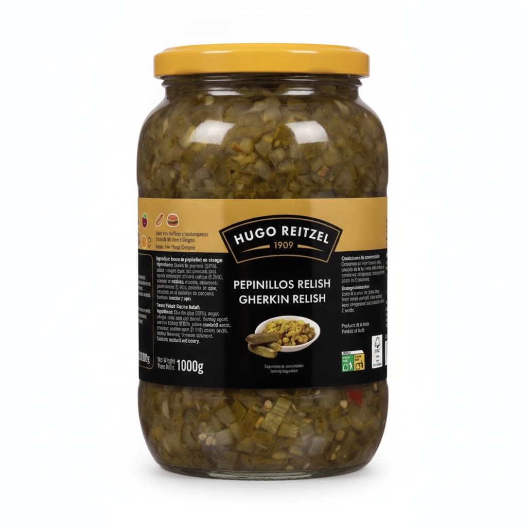 Pepinillos Relish - Gherkin Relish Dulce para Hamburguesas y Hot Dogs - Tarro de 1000g - Sabor Tradicional desde 1909 - Ideal para Salsas y Guarniciones - NEXU