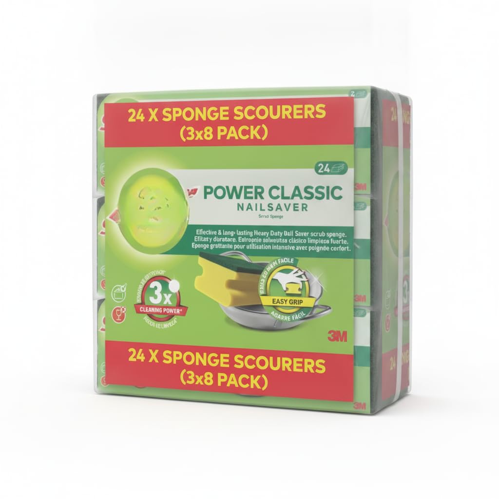 Power Classic Nailsaver - Pack de 24 Estropajos Salvauñas (3 Paquetes de 8 Unidades), Estropajo de Alta Resistencia para Limpieza de Ollas y Sartenes, Protección para Manos y Uñas - NEXU