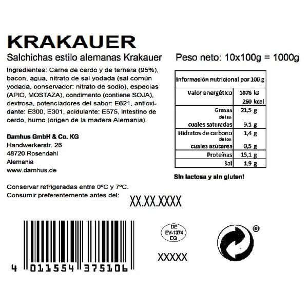 Salchichas Alemanas Tradicionales - 95% Carne de Cerdo y Ternera - Sin Gluten y Sin Lactosa - Formato Familiar 1 kg (10 x 100g) - Elaboración con Humo Natural - NEXU