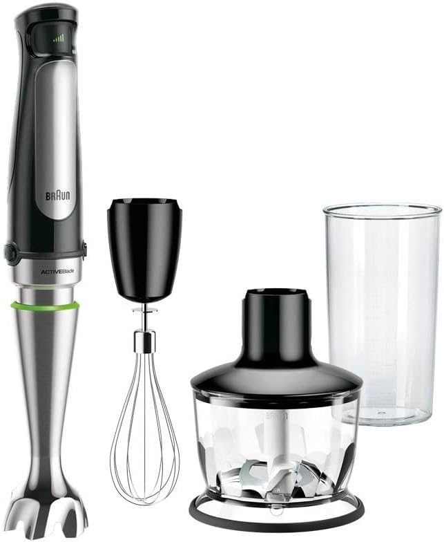 Braun Minipimer 7 - Batidora de Mano con Tecnología SplashControl, Sistema ActiveBlade para Alimentos Duros, Selección de Velocidad, Picadora 500 mL, Vaso 600 mL, 1000 W, Negro (MQ7035X)