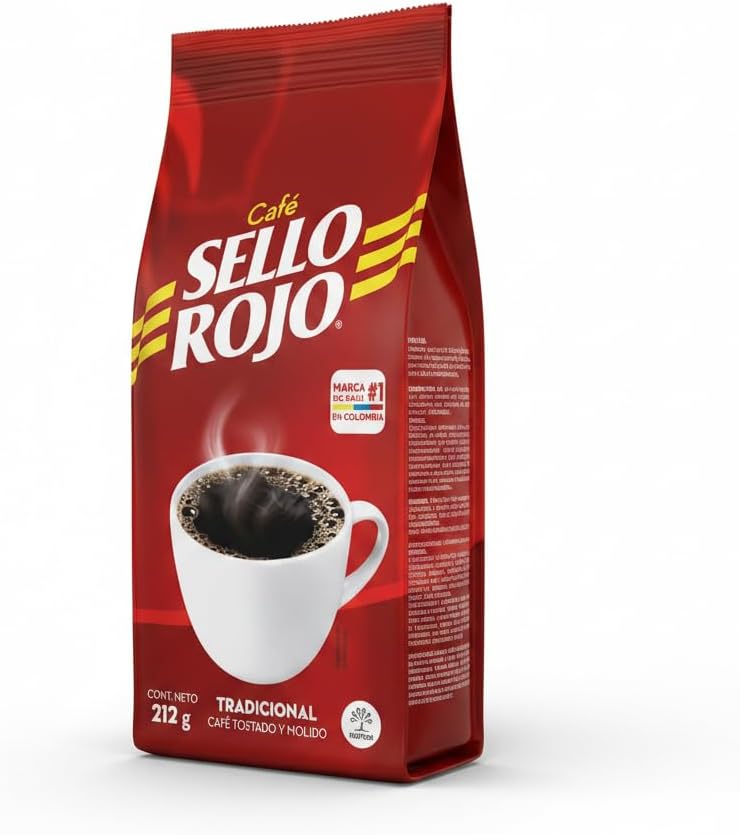 Café 100% Colombiano Tostado y Molido, Sabor Equilibrado y Aroma Intenso - Café Sello Rojo Tradicional - Marca Líder en Colombia - 212g - NEXU