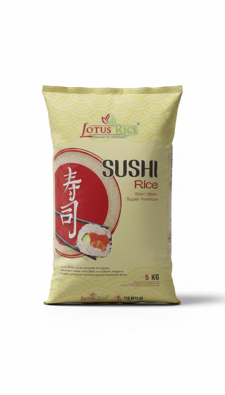 Arroz para Sushi Lotus Rice Grano Corto Premium 5kg - Arroz Japonés Superior para Sushi, Maki y Nigiri - Textura Tierna y Sabor Dulce Natural