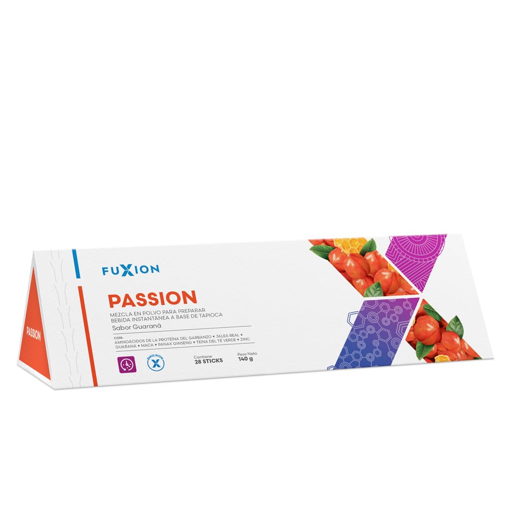FUXION - PASSION Té Funcional | Mezcla de Aminoácidos + Maca + Ginseng + Jalea Real + Zinc | Energía y Vitalidad Natural para Hombre y Mujer | 1 Caja con 28 Sticks de 5g