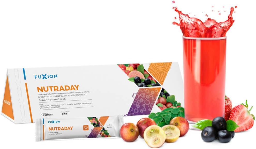 FUXION - NUTRADAY Bebida de Fresa Natural con Moringa, Vitaminas y Minerales | Suplemento para Vitalidad y Defensas | Apoyo Inmunitario y Energía para Toda la Familia 1 caja con 28 stick