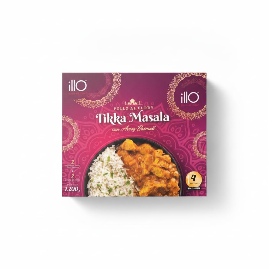 Pollo al Curry Tikka Masala con Arroz Basmati - Plato Preparado Gourmet Sin Gluten - Formato Familiar 4 Raciones (1,2kg) - Comida Preparada Lista en 5 Minutos - NEXU