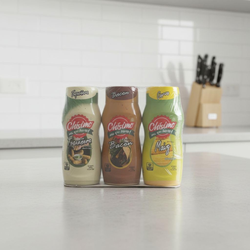 Pack de 3 Salsas Gourmet (3 x 330g) - Sabores Tequeñera, Bacon y Maíz - Sin Gluten, Chísimo, Ideales para Hamburguesas, Tequeños y Snacks - Textura Cremosa