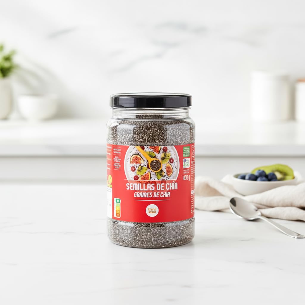 Semillas de Chía 1400g - Superalimento Natural Rico en Omega-3, Fibra y Proteína Vegetal - Sin Gluten y Vegano - Trevissan - Formato Ahorro en Bote Hermético - NEXU