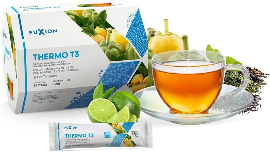 FUXION - Thermo T3 – Té Termogénico Sabor Limón con Mix de 3 Tés (Verde, Rojo y Negro), L-Carnitina y Extractos Naturales | Control de Peso y Energía | 1 Caja con 28 Sticks (140g)