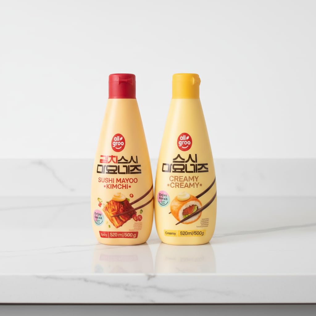Pack de 2 Mayonesas para Sushi: Original Cremosa y Kimchi Picante - 2 x 520 ml - Allgroo - | Salsa Coreana para Sushi, Poke Bowls y Kimbap con Dispensador de Precisión - NEXU