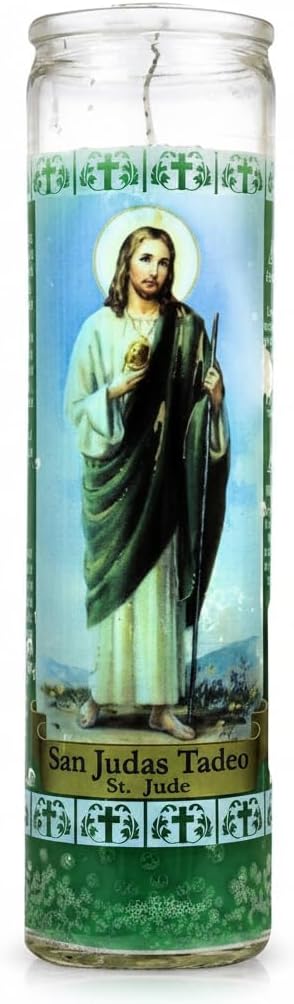Velón San Judas Tadeo - Vela de Oración de 7 Días - 100% Parafina Verde en Envase de Cristal - Cirio para Peticiones y Causas Imposibles - Goya - Duración 110 Horas - 1 Unidad - NEXU